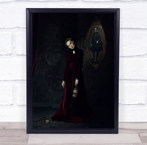 Old Story velvet dress woman tilted head Wall Art Print