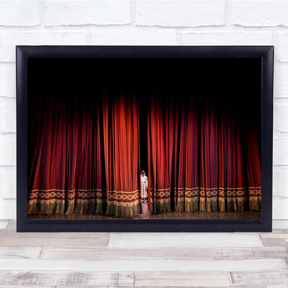 Red curtains gold trim stage girl acting Wall Art Print