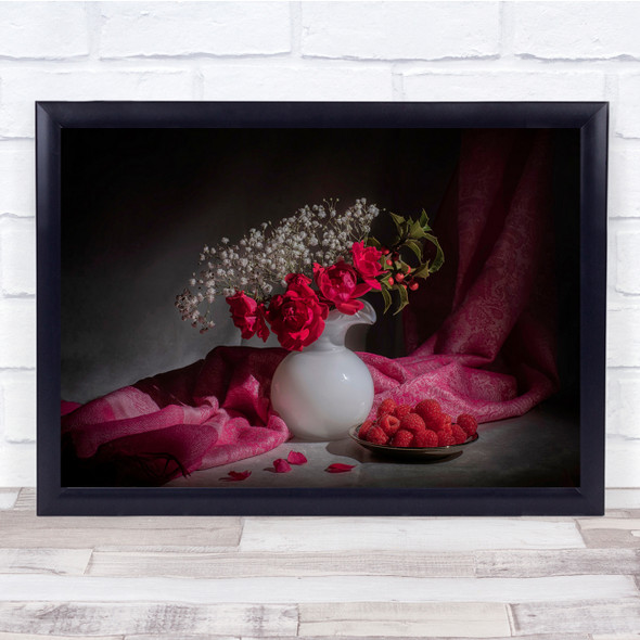 Still Life Raspberries Red Roses Flowers Wall Art Print