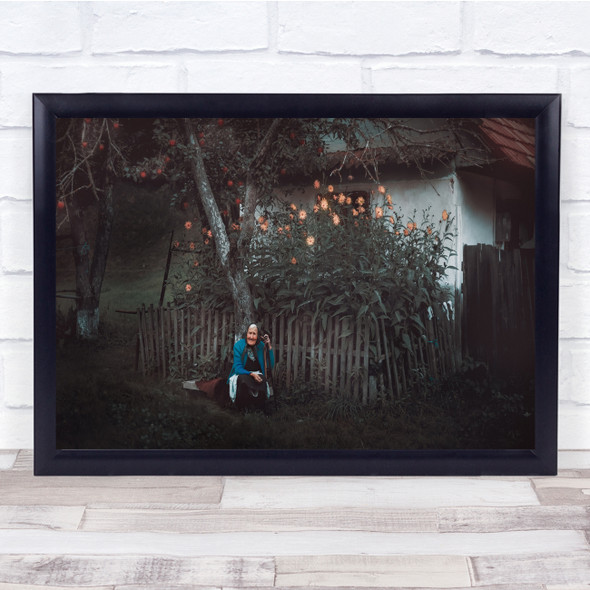 Woman sitting outside trees garden fruit Wall Art Print