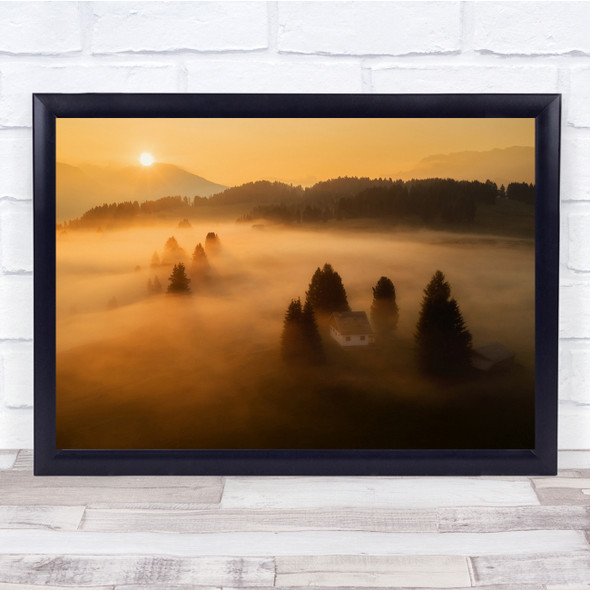 Landscape Farm Mist Haze Mountain Trees Wall Art Print