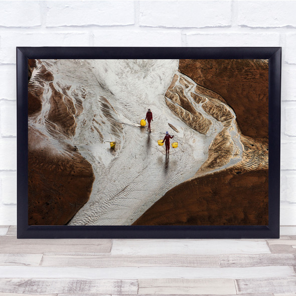 aerial view lake women fishing buckets Wall Art Print