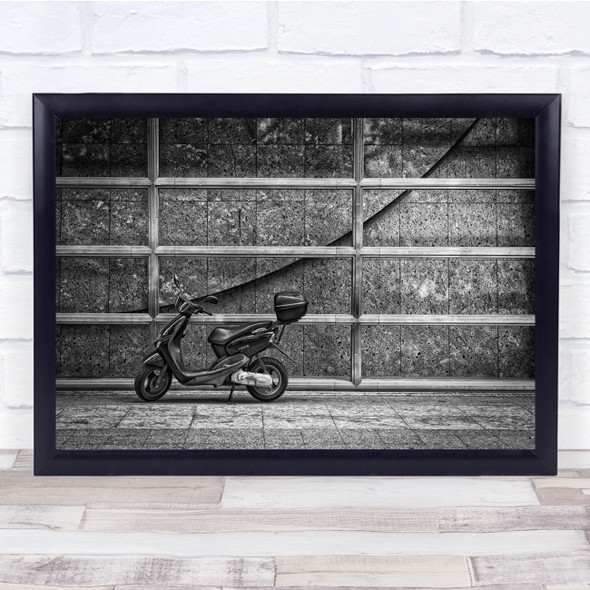 black and white street view moped bike Wall Art Print