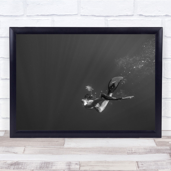 Deep Women scuba Dive black and white Wall Art Print