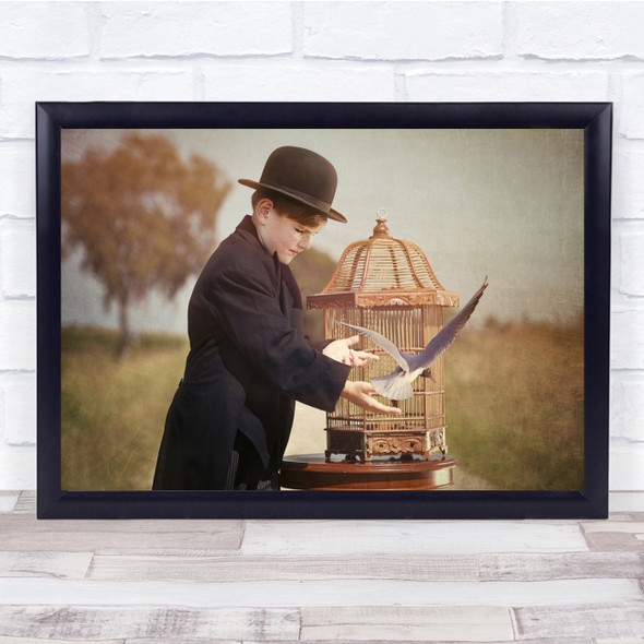 Freedom Kid bowler Suit hat bird cage Wall Art Print