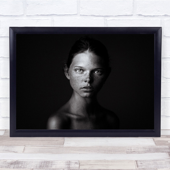 Dark Face Eyes Freckles black and white Studio Model Portrait Person Woman Print