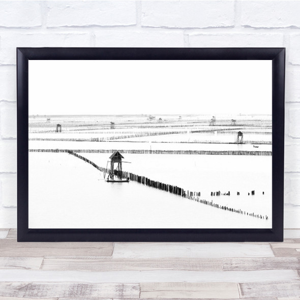 Minimalistic Minimalism Poles Farm black and white Seascape Fence Wall Art Print