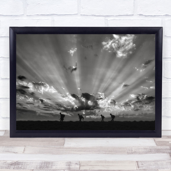 Hiking People Sunrise Landscape Black White Rays Sunrays Silhouette Light Print