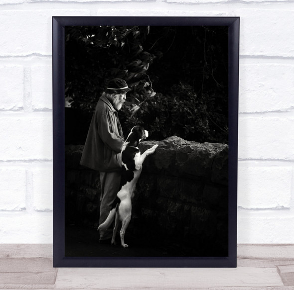 Street Rural Dog Man Animal Animals Watching Wall Looking Old Black White Print