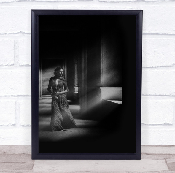 Woman Vintage Retro Black White Portrait Hallway Light Dress Dark Low Key Print