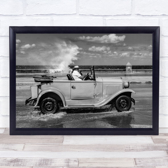 Cuba Havana Malecon Car Black & White Action Transportation Drive Driving Print