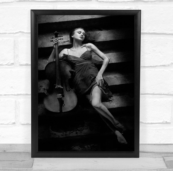 Instrument Cello Black and white Girl Model Woman Laying Stairs Staircase Print