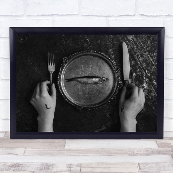 Food Fish Black & White Cutlery Hands Left Right Conceptual Still Life Print