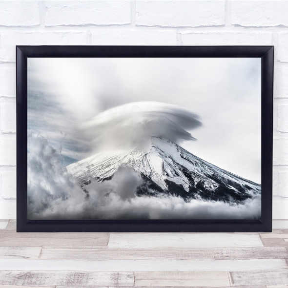 Landscape Black & White Fuji Mount Mountain Clouds With Snow Landscape Print