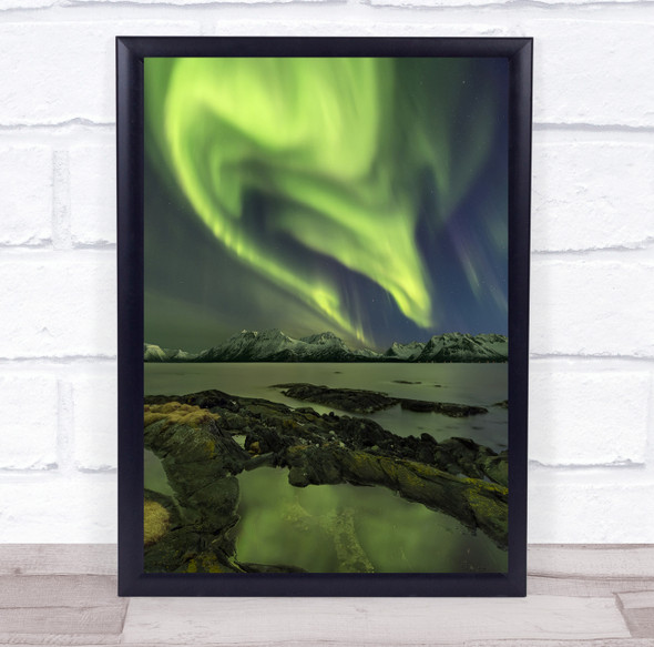 Aurora Night Panorama Panoramic Nightscape Green Water Norway Wall Art Print