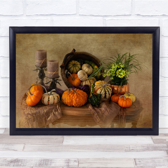 Autumn Fall Pumpkins Gourds Still-Life Texture Candles Basket Wall Art Print