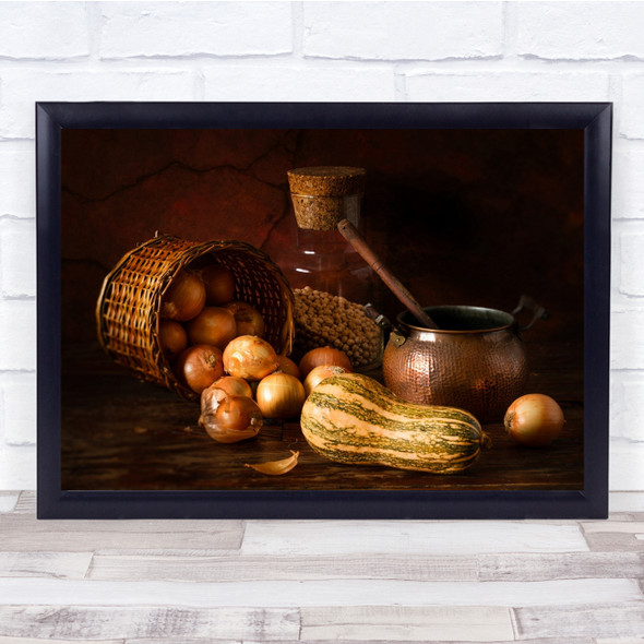 Basket Onions Still Life Bottle Jar Cork Vegetable Vegetables Wall Art Print