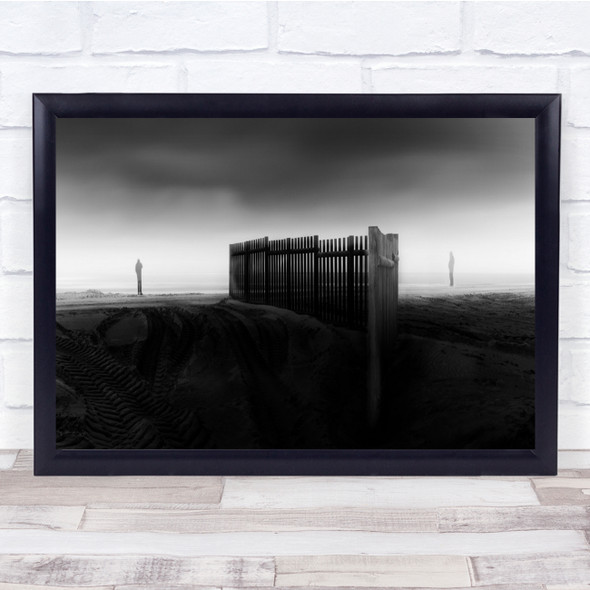 Beach Fence black and white People Sea Ocean Coast Sand Shore Wall Art Print