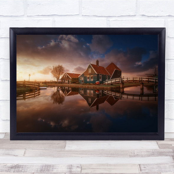 Holland Dutch Netherlands Old Windmill River Landscape Sunset Wall Art Print