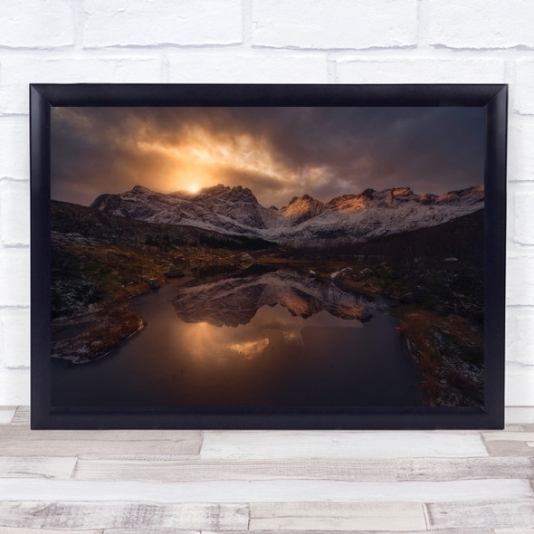 Lofoten Norway Fjiord Mountains Artic Winter Lake Sunset Snow Wall Art Print