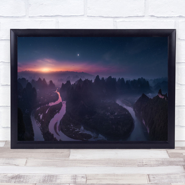 Panorama Night Landscape Water River Hills Fog Mist Haze Moon Wall Art Print