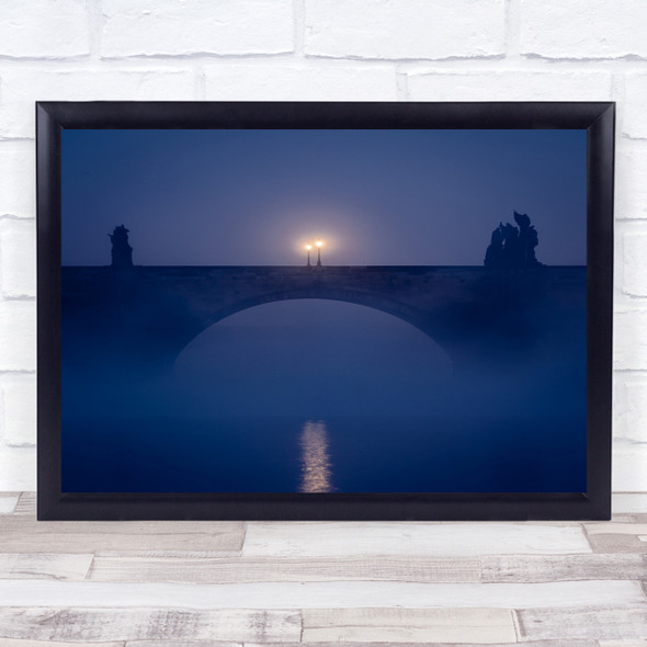 Prague Bridge River Blue Dark Mist Misty Fog Foggy Atmosphere Wall Art Print