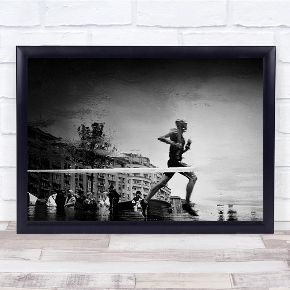 Running Race Person Reflection Street Challenge Black & White Wall Art Print