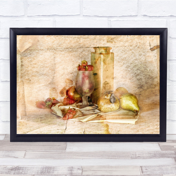 Still Life Kitchen Glass Fruits Bottle Apple Strawberry Guava Wall Art Print