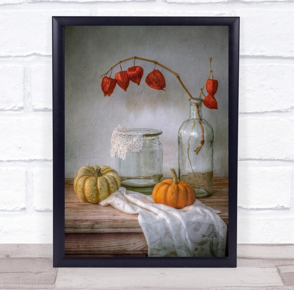 Still-Life Pumpkin Physalis Chinese-Lantern Orange Bottle Jar Wall Art Print