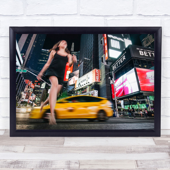 Street Lamps Cab Taxi New York Yellow Run Running Blur Blurry Wall Art Print