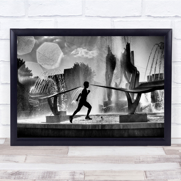 Street Water Fountain Modern Run black and white Leaping Jump Wall Art Print