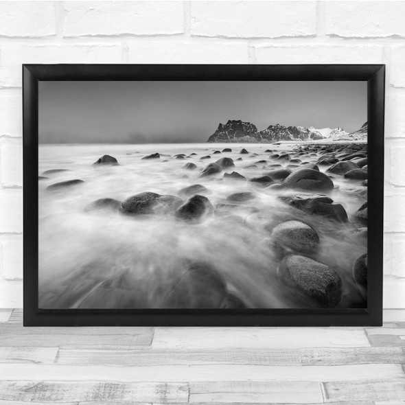 Landscape Norway Winter Coast Uttakleiv Beach Water Stones Snow Black Print