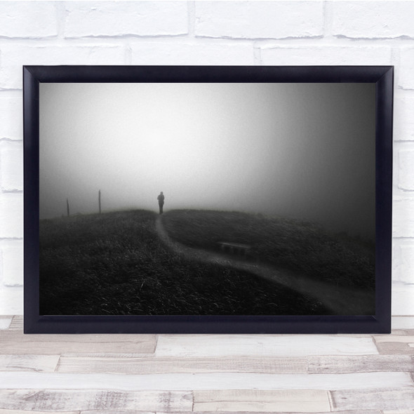 Fog Mist Silhouette Grain Bench Road Trail Haze Landscape Black White Print