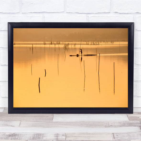 Boat Raft Fisherman Fish Fishing Gold Golden Lake Silhouette Wall Art Print