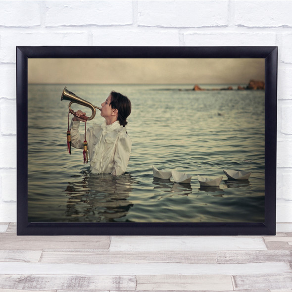 Conceptual Boy Trumpet Musical Instrument Paper Boat Playing Wall Art Print