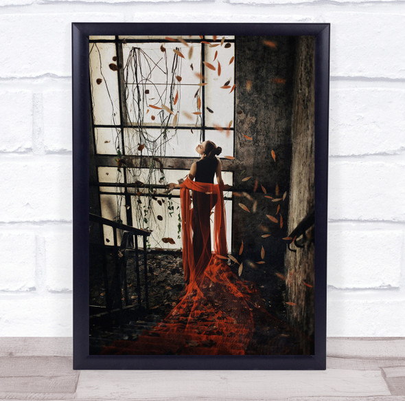 Creative Edit Girl Model Woman Leaves Red Autumn Fall Stairs Wall Art Print