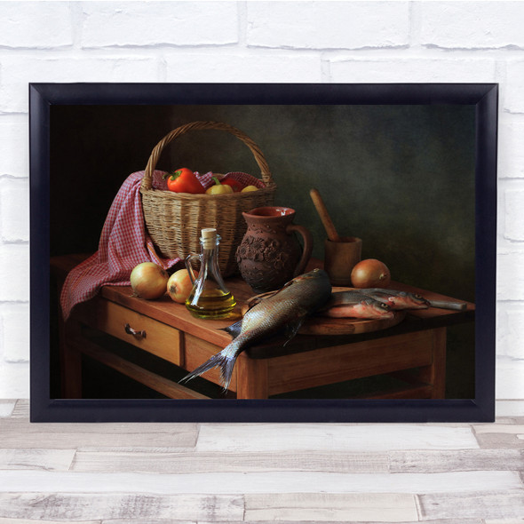 Food Kitchen Fish Onions Oil Table Pepper Peppers Still Life Wall Art Print