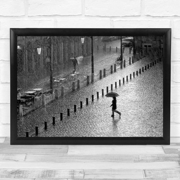 France woman walking umbrella street raining black and white Wall Art Print