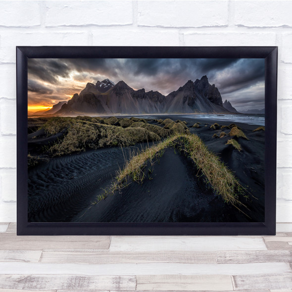 Iceland Vestrahorn Landscape Mountains Water Clouds Mountain Wall Art Print