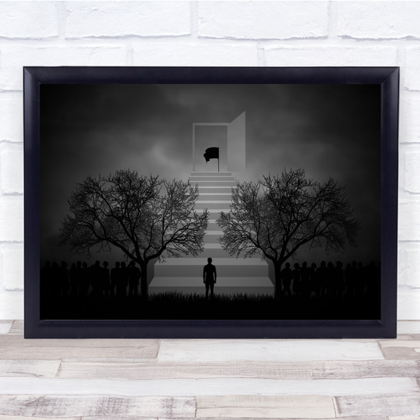 Limitation Ii tree symmetry Black & White people stairs door Wall Art Print