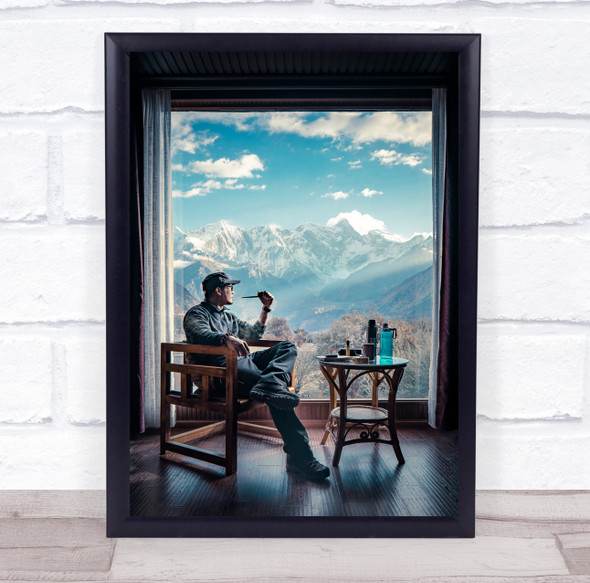 Namcha Barwa man sitting on chair mountain view large window Wall Art Print