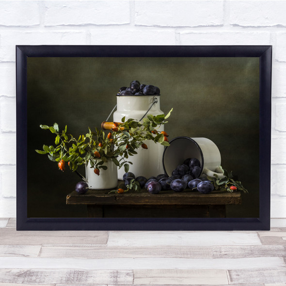 Plum Fruit And Flowers Still Life On Table In Mugs Landscape Wall Art Print