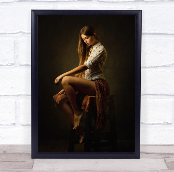 Portrait Model Girl Woman Sit Sitting Stool Closed Eyes Hair Wall Art Print