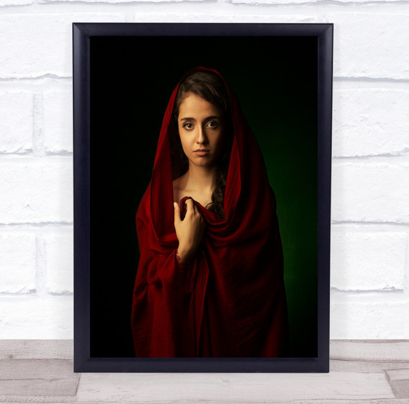 Red Woman In Robe Veil Portrait Model Girl Face Dark Low Key Wall Art Print