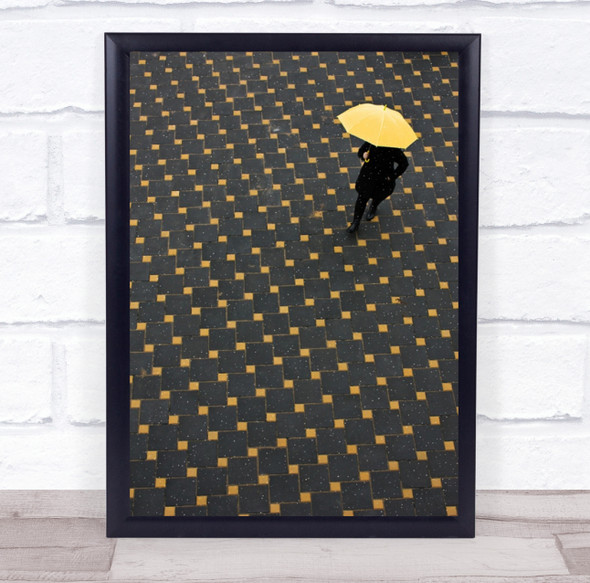 Umbrella Yellow Pattern Person Black Square Walking Untitled Wall Art Print