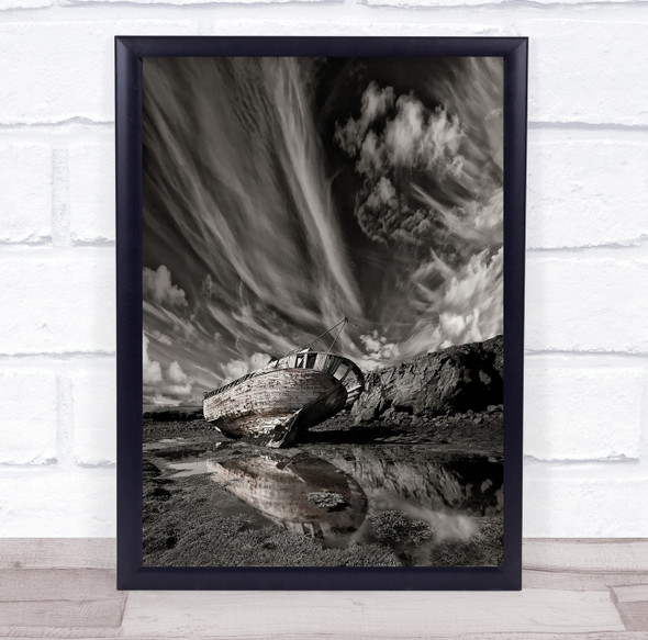 Wreck Abandoned Landscape Sky Clouds Reflection Iceland Ship Wall Art Print