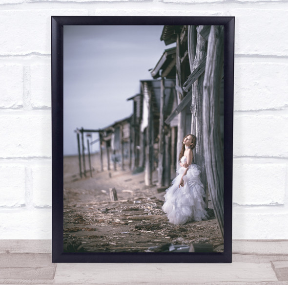 I Wait For You A Long Time woman in white bridal dress by beach pier Print