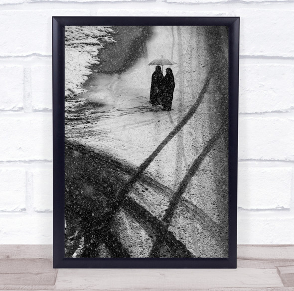 Winter Tracks Cold Snow Snowing Umbrella People Pair Couple Black & White Print