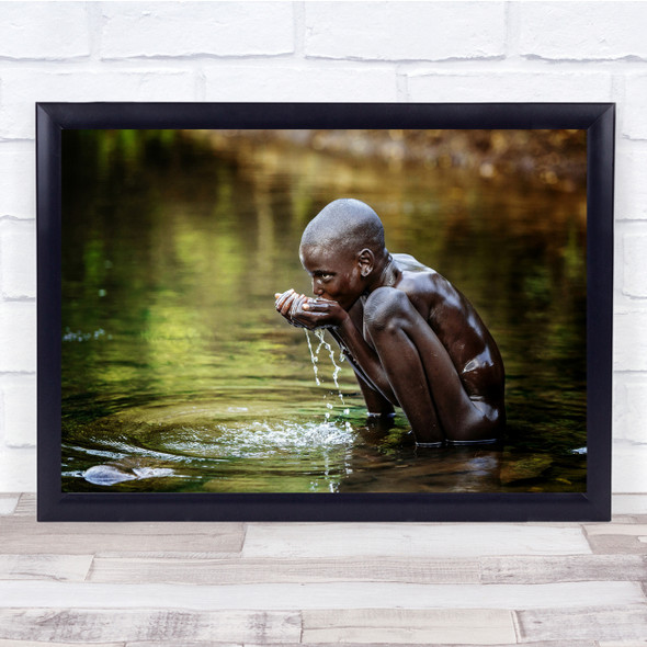 Africa Boy Mursi Ethiopia Water Drinking Drink River Sit Sitting Wall Art Print