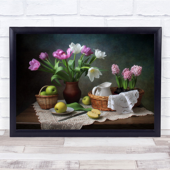 Apple Apples Flower Flowers Basket Vase Bouquet Fruit Still Life Wall Art Print